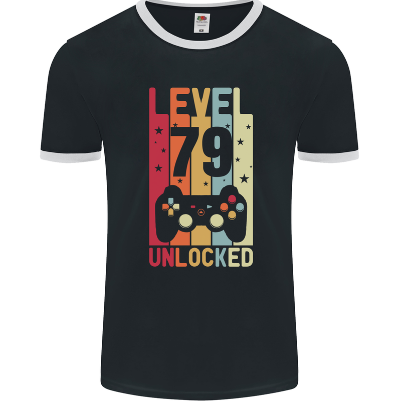 79th Birthday 79 Year Old Level Up Gamming Mens Ringer T-Shirt FotL Black/White