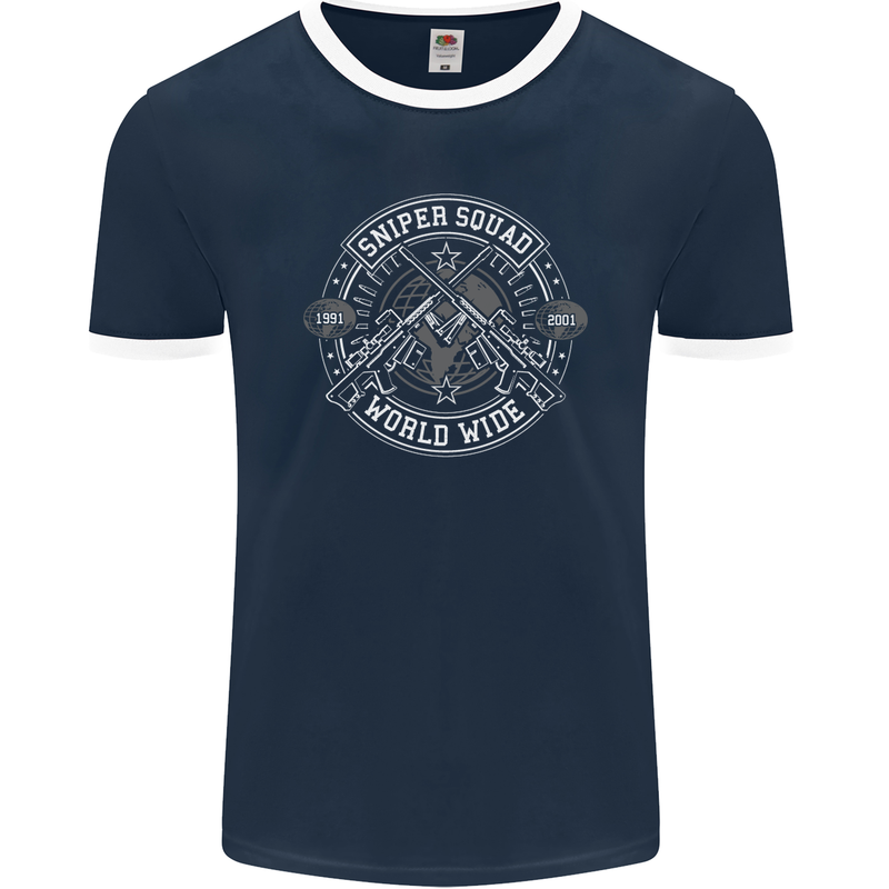 Sniper Squad Worldwide Army Para Marines Mens Ringer T-Shirt FotL Navy Blue/White