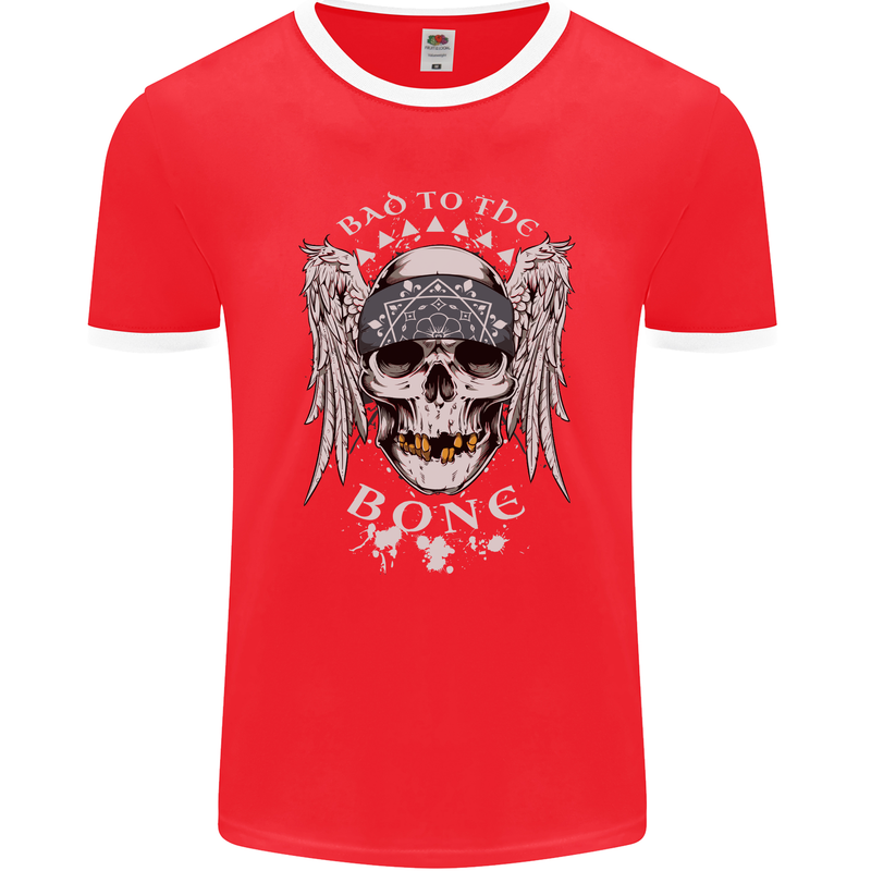 Bad 2 the Bone Biker Skull Angel Motorcycle Mens Ringer T-Shirt FotL Red/White