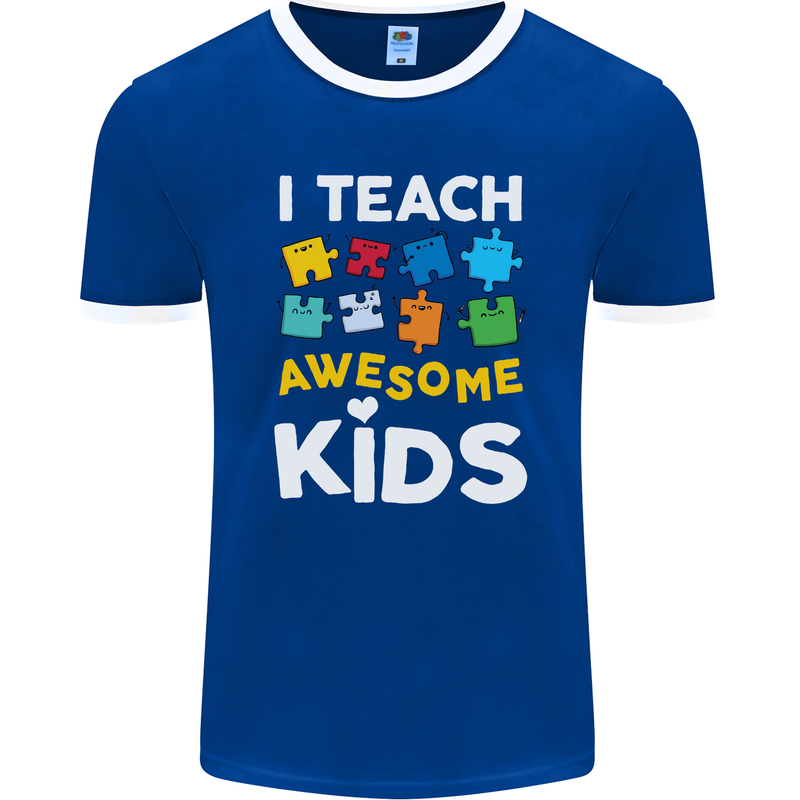 I Teach Awesome Kids Funny Teacher Teaching Mens Ringer T-Shirt FotL Royal Blue/White