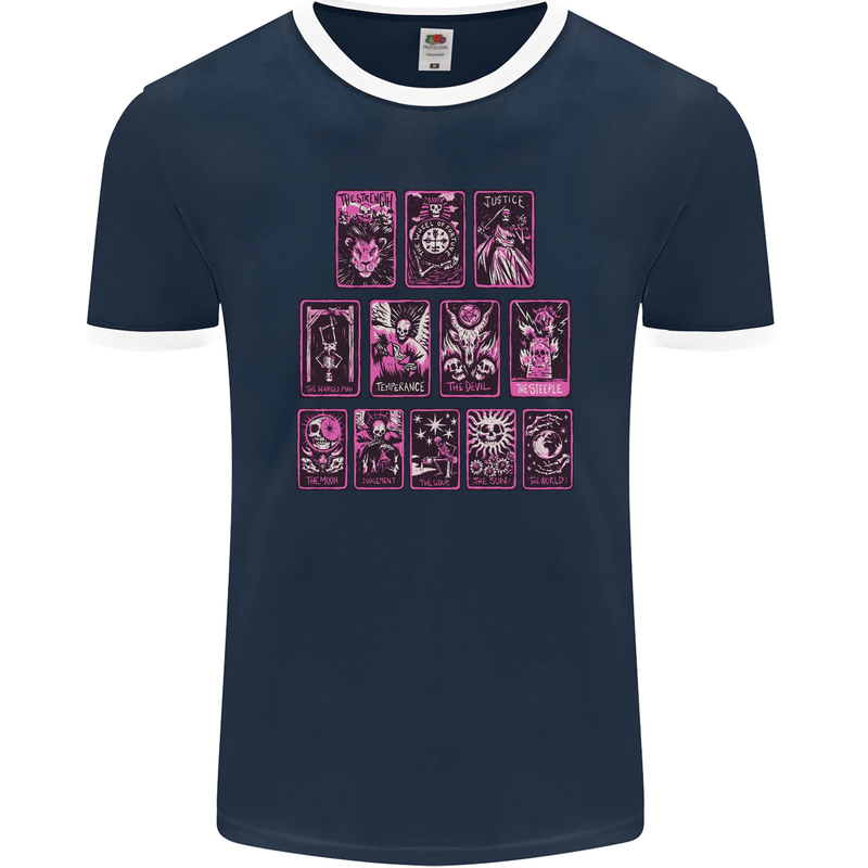 Tarot Cards Fortune Teller Skulls Mens Ringer T-Shirt FotL Navy Blue/White
