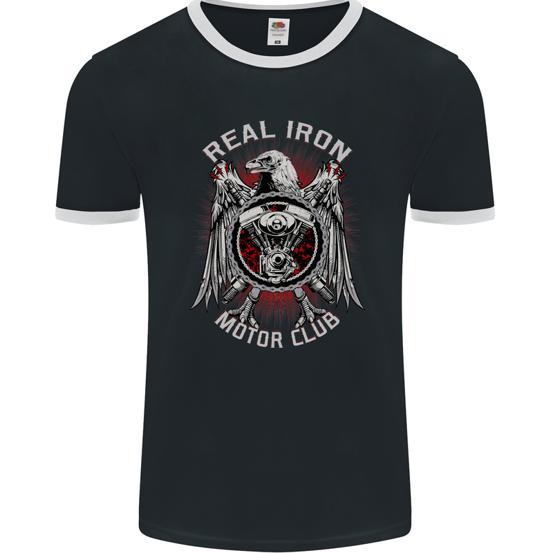 Real Iron Motorcycle Motorbike Biker Mens Ringer T-Shirt FotL Black/White