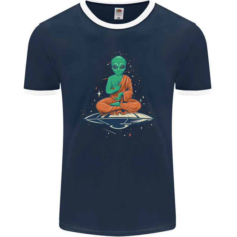 Meditating Alien UFO Yoga Mens Ringer T-Shirt FotL Navy Blue/White