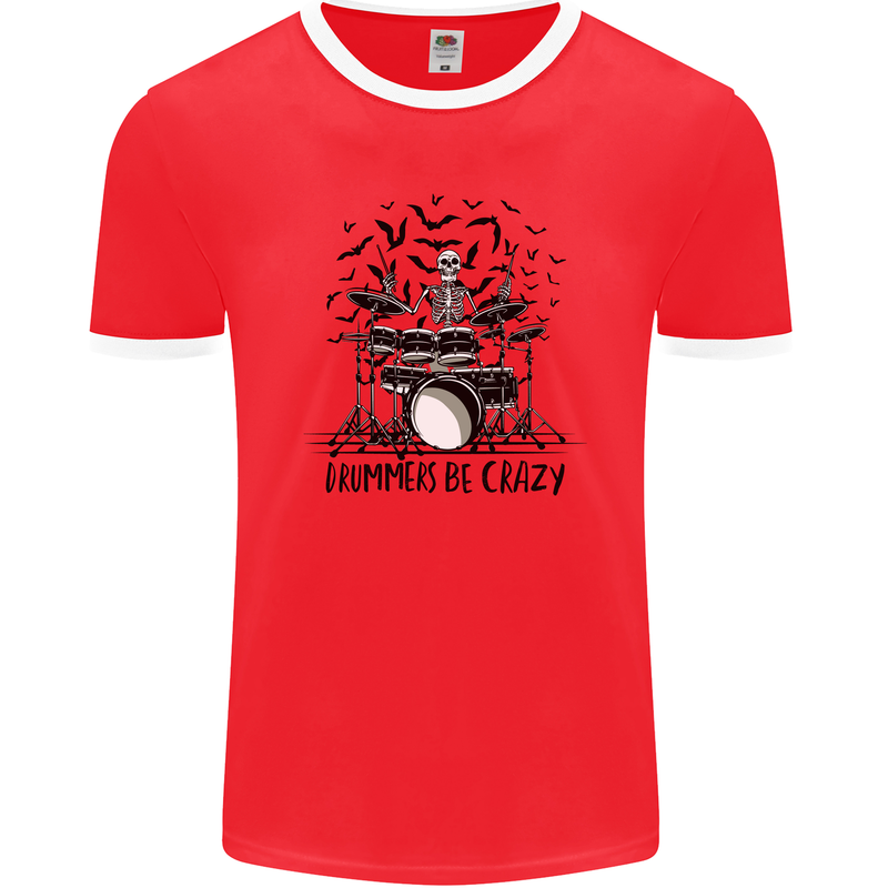 Skeleton Drummer Be Crazy Drumming Drum Mens Ringer T-Shirt FotL Red/White