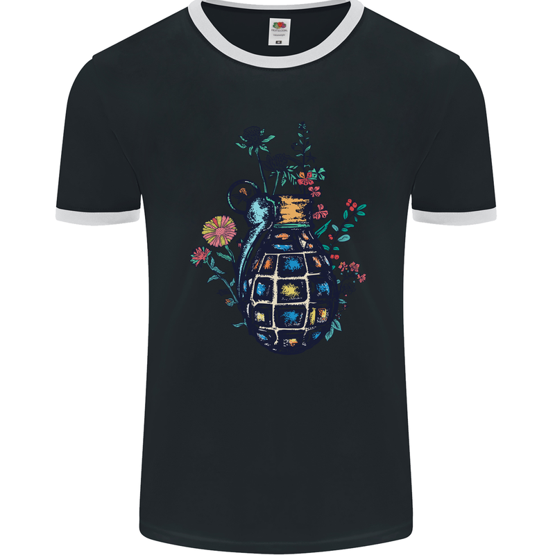 Peace Grenade Anti-War Pacifist World Hippy Mens Ringer T-Shirt FotL Black/White