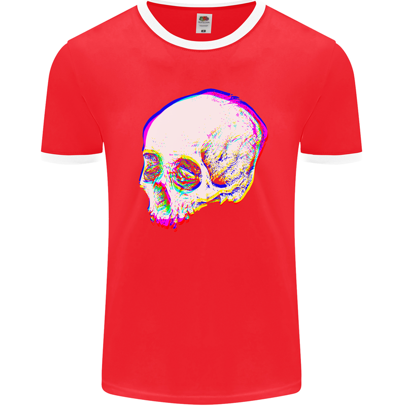 Glitch Skull Gothic Biker Heavy Metal Rock Mens Ringer T-Shirt FotL Red/White