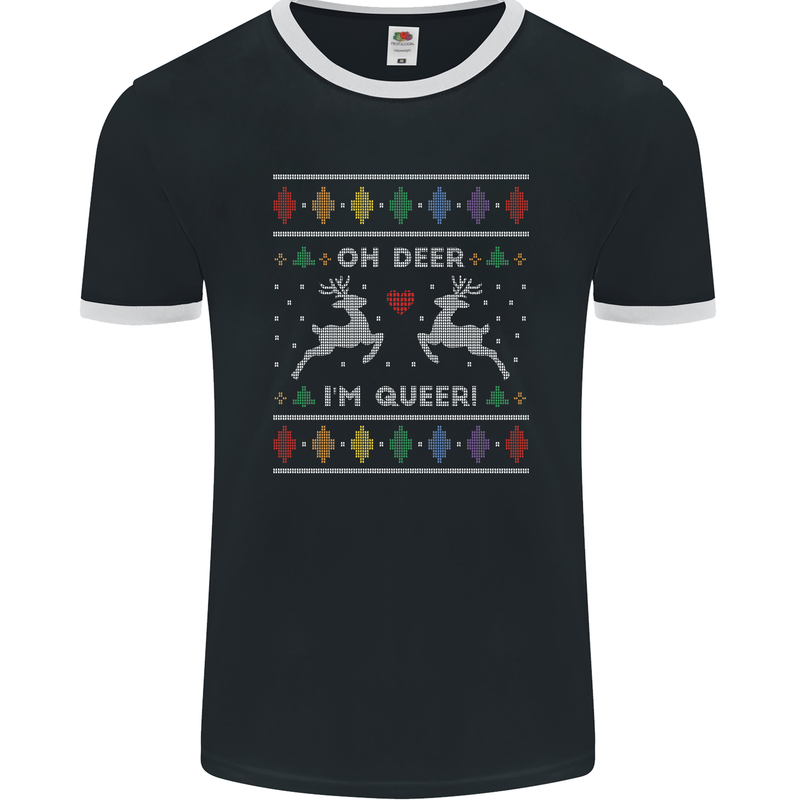 Christmas LGBT Oh Deer I'm Queer Gay Pride Mens Ringer T-Shirt FotL Black/White