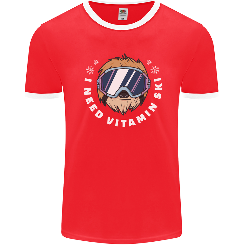 Vitamin Ski Funny Skiing Sloth Winter Sport Mens Ringer T-Shirt FotL Red/White