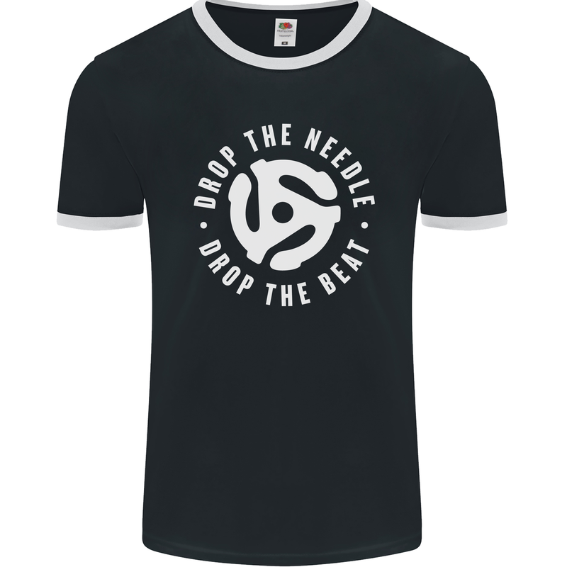 Drop the Needle DJ Turntable Decks Vinyl Mens Ringer T-Shirt FotL Black/White