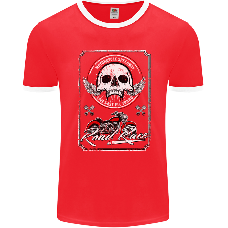 Motorcycle Road Race Biker Motorbike Skull Mens Ringer T-Shirt FotL Red/White