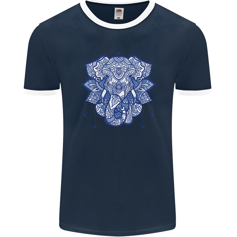 Elephant Mandala Art Mens Ringer T-Shirt FotL Navy Blue/White