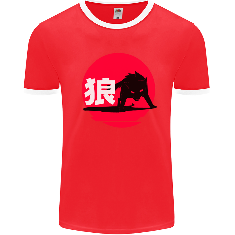 Japanese Wolf Japan Mens White Ringer T-Shirt Red/White