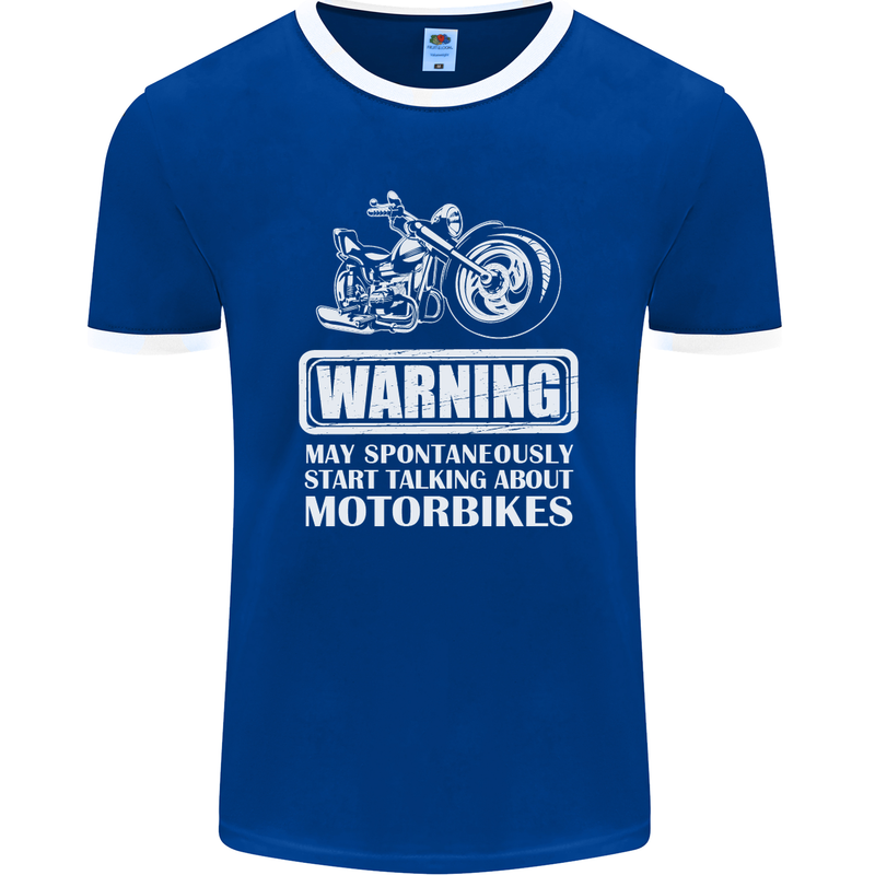 Start Talking About Motorbikes Funny Biker Mens Ringer T-Shirt FotL Royal Blue/White