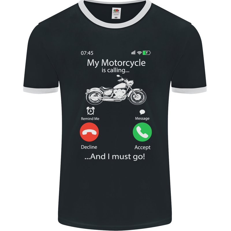 My Motorcycle Is Calling Biker Motorbike Mens Ringer T-Shirt FotL Black/White