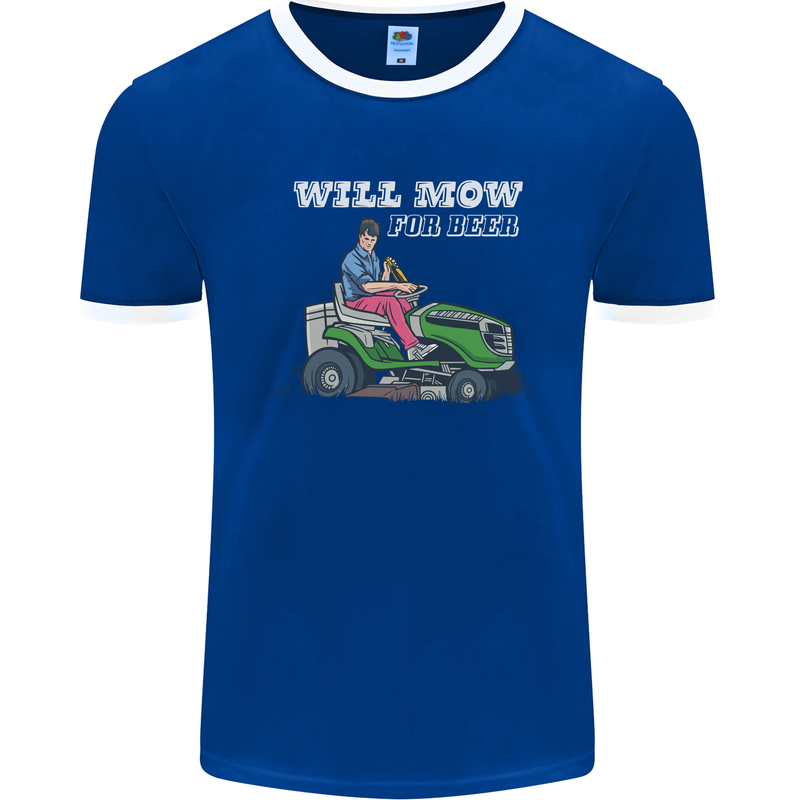 Will Mo the Lawn For Beer Funny Alcohol Mens Ringer T-Shirt FotL Royal Blue/White