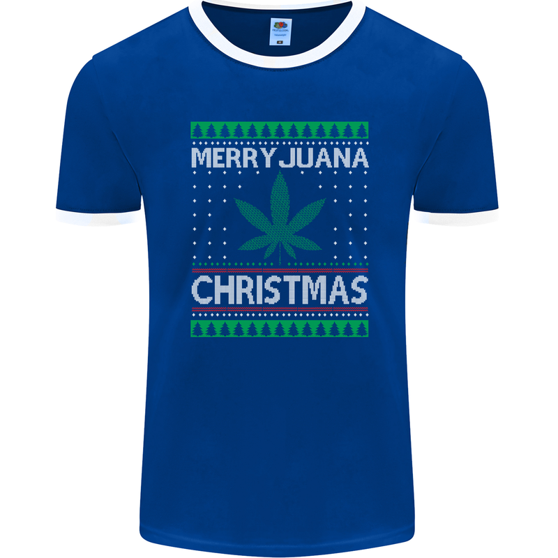 Merry Juana Christmas Funny Weed Cannabis Mens Ringer T-Shirt FotL Royal Blue/White