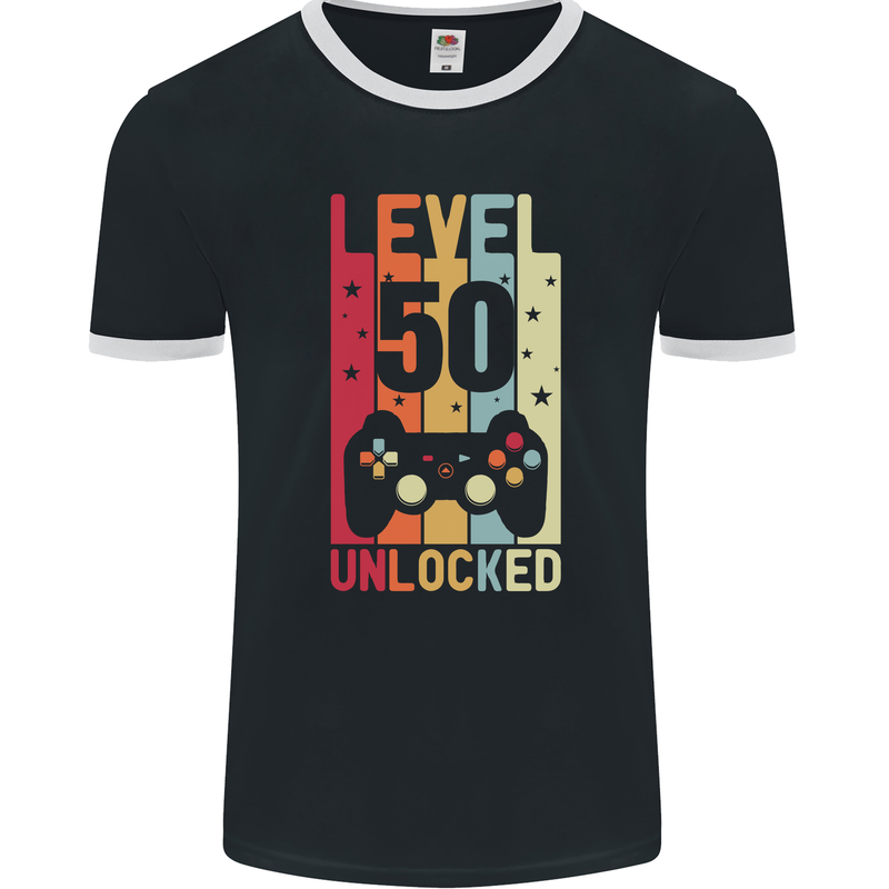 50th Birthday 50 Year Old Level Up Gamming Mens Ringer T-Shirt FotL Black/White