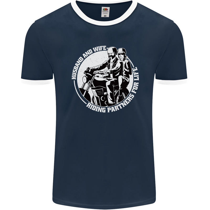 Husband and Wife Biker Motorcycle Motorbike Mens Ringer T-Shirt FotL Navy Blue/White