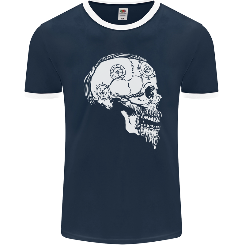 Viking Skull Thor Valhalla Norse Mythology Mens Ringer T-Shirt FotL Navy Blue/White