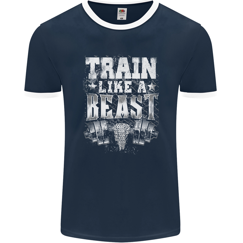 Train Like a Beast Gym Training Top Mens Ringer T-Shirt FotL Navy Blue/White