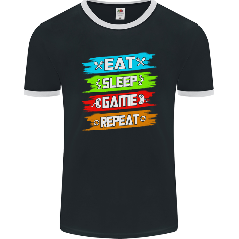 Eat Sleep Game Funny Gamer Gamming Mens Ringer T-Shirt FotL Black/White