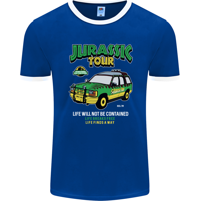 Jurassic Tour Funny Dinosaur T-Rex Mens Ringer T-Shirt FotL Royal Blue/White