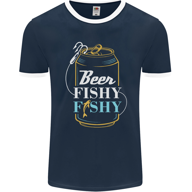 Fishing Beer Here Fishy Fisherman Funny Mens Ringer T-Shirt FotL Navy Blue/White