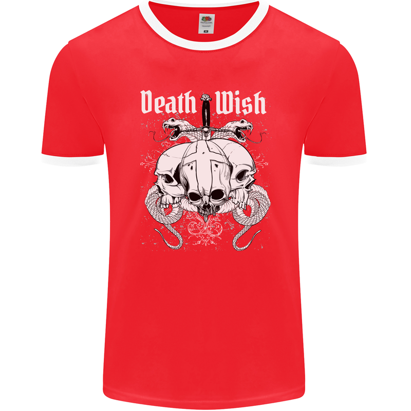 Death Wish Skulls Snakes Biker Gothic Demon Mens Ringer T-Shirt FotL Red/White