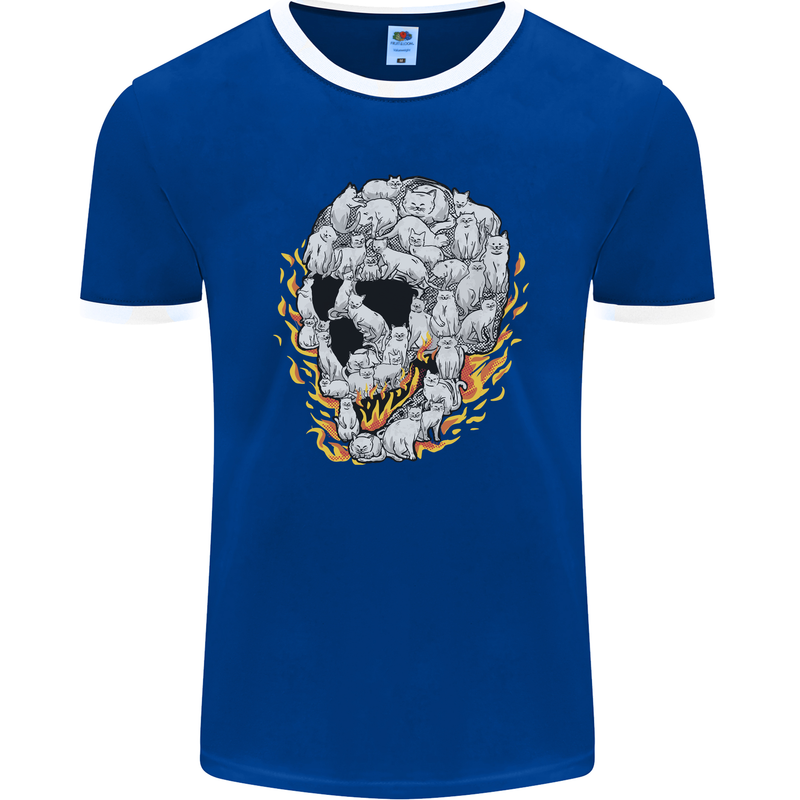 Fire Skull Made of Cats Mens Ringer T-Shirt FotL Royal Blue/White