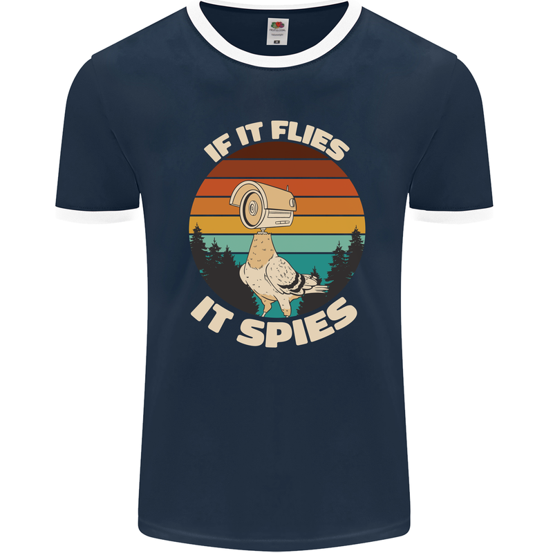 If Flies it Spies Conspiracy Theory Birds Funny Mens Ringer T-Shirt FotL Navy Blue/White