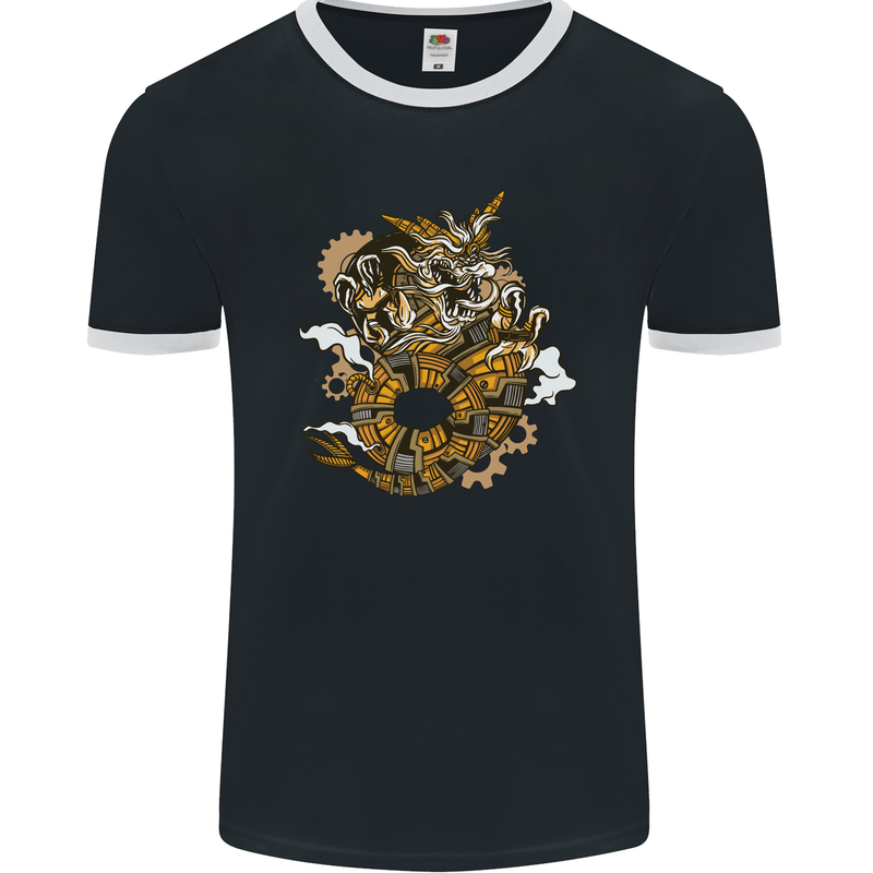 Steampunk Dragon Mens Ringer T-Shirt FotL Black/White