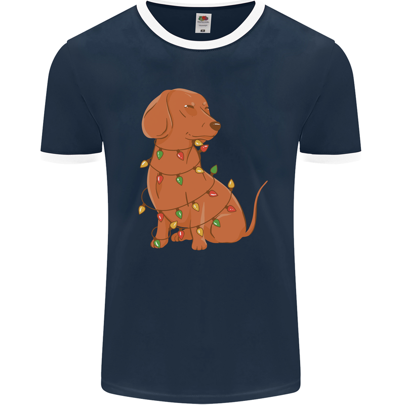 A Funny Christmas Tree Dachshund Mens Ringer T-Shirt FotL Navy Blue/White