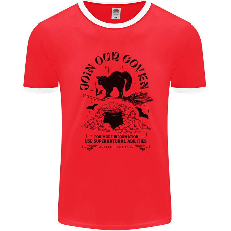 Join Our Coven Funny Halloween Cat Mens White Ringer T-Shirt Red/White