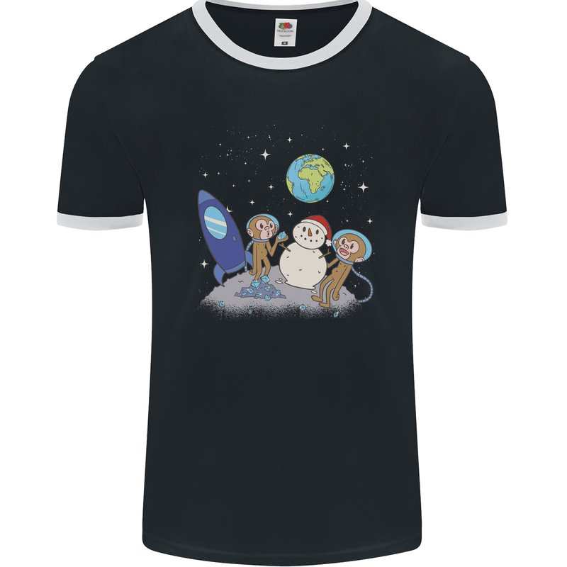 Space Monkeys Aliens UFO Christmas Snowman Mens Ringer T-Shirt FotL Black/White