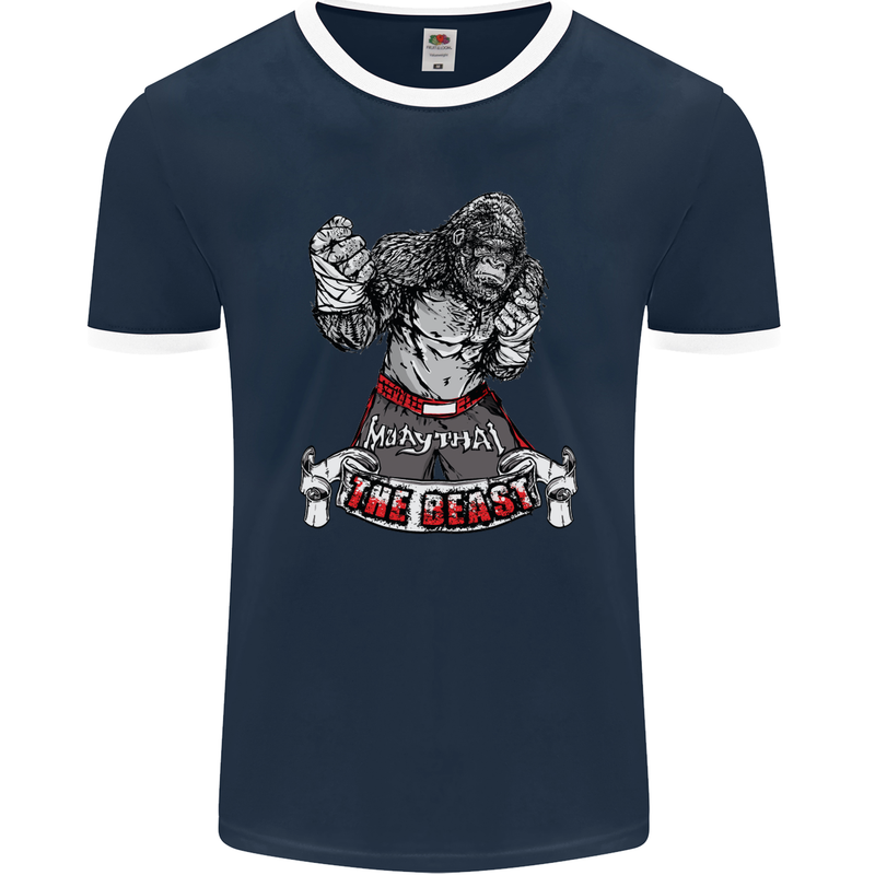 Muay Thai The Beast MMA Mixed Martial Arts Mens Ringer T-Shirt FotL Navy Blue/White