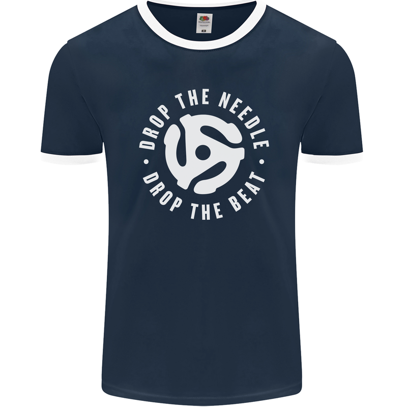 Drop the Needle DJ Turntable Decks Vinyl Mens Ringer T-Shirt FotL Navy Blue/White