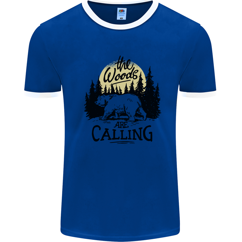 The Woods Calling Camping Trekking Bear Mens Ringer T-Shirt Royal Blue/White