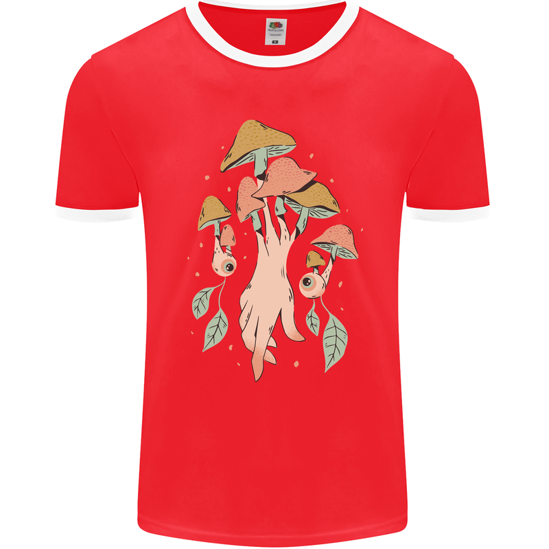 Trippy Magic Mushrooms With Eyes Mens Ringer T-Shirt FotL Red/White