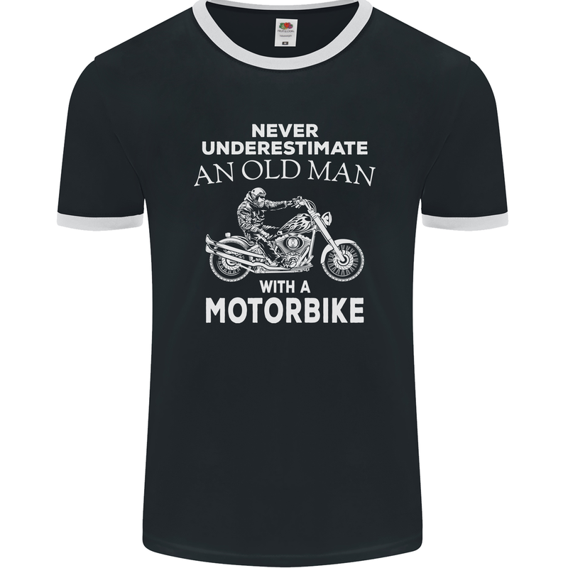 Biker Old Man Motorbike Motorcycle Funny Mens Ringer T-Shirt FotL Black/White