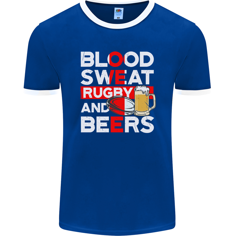 Blood Sweat Rugby and Beers England Funny Mens Ringer T-Shirt FotL Royal Blue/White