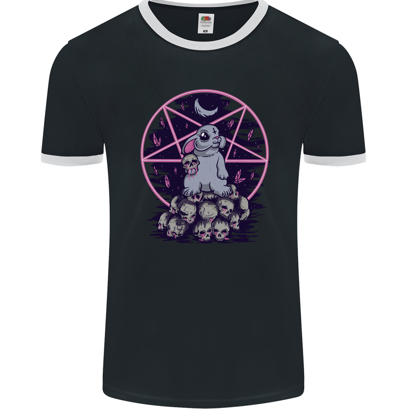 Demonic Satanic Rabbit With Skulls Mens Ringer T-Shirt FotL Black/White