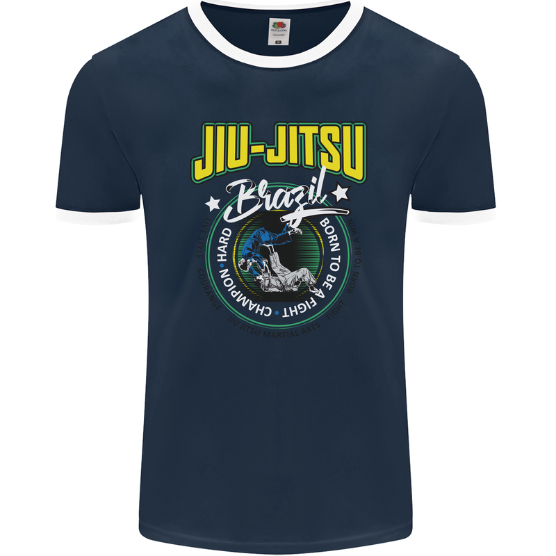 Jiu Jitsu Brazilian MMA Mixed Martial Arts Mens Ringer T-Shirt FotL Navy Blue/White