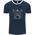 Vitruvian Drummer Funny Drumming Mens Ringer T-Shirt FotL Navy Blue/White