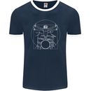Vitruvian Drummer Funny Drumming Mens Ringer T-Shirt FotL Navy Blue/White