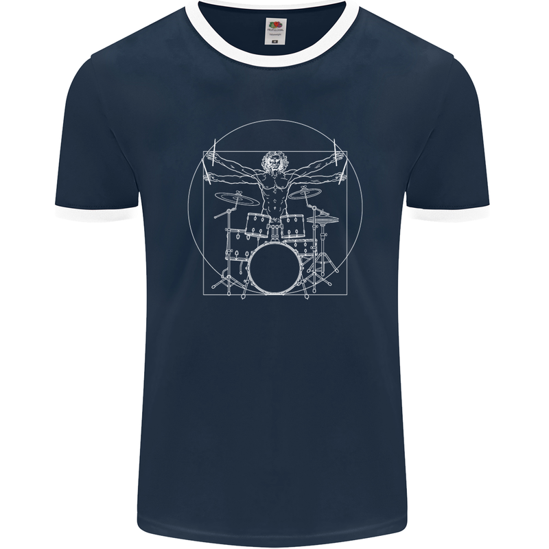 Vitruvian Drummer Funny Drumming Mens Ringer T-Shirt FotL Navy Blue/White