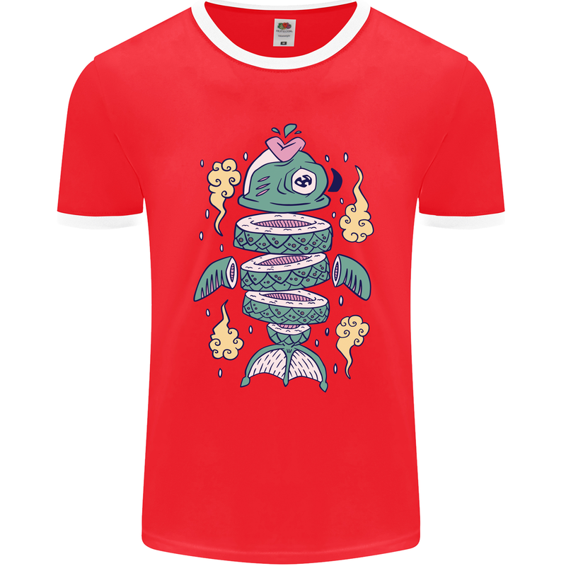 Funny Sliced Sushi Fish Fishing Fisherman Mens Ringer T-Shirt FotL Red/White