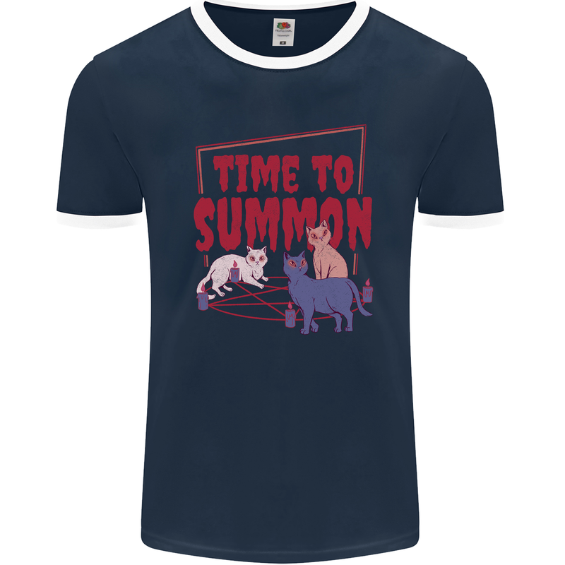 Time to Summon Cats Let's Summon Demons Mens Ringer T-Shirt FotL Navy Blue/White