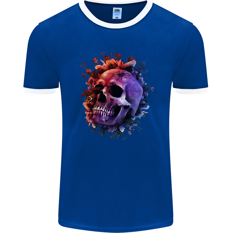 Skull With Spider Flowers and Spider Mens Ringer T-Shirt FotL Royal Blue/White