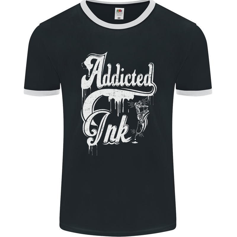 Addicted Ink Tattoo Tattooist Biker Art Mens Ringer T-Shirt FotL Black/White