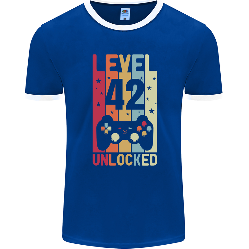 42nd Birthday 42 Year Old Level Up Gamming Mens Ringer T-Shirt FotL Royal Blue/White